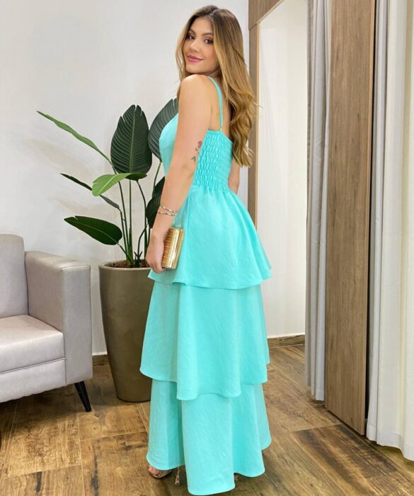 Vestido Feminino Longo Ísis com Bojo em Camadas Verde Água - Fernanda Ramos Store