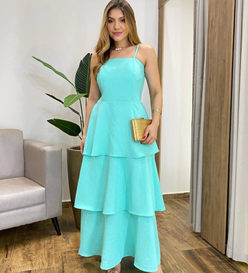 Vestido Feminino Longo Ísis com Bojo em Camadas Verde Água - Fernanda Ramos Store