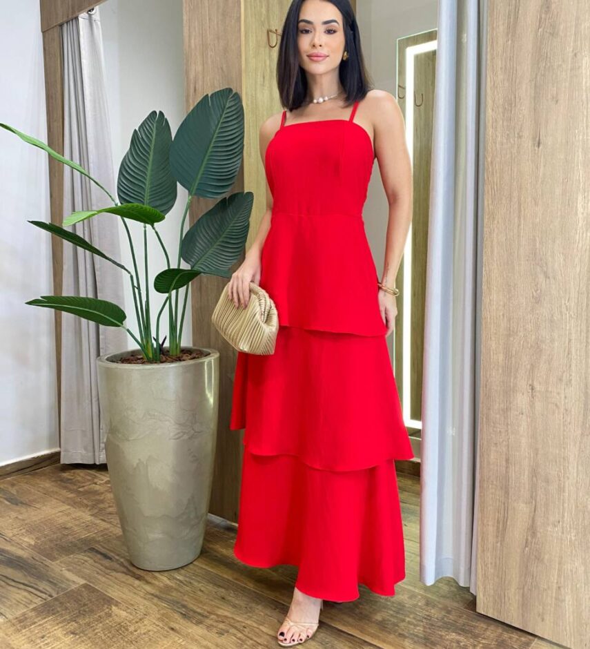 Vestido Feminino Longo Ísis com Bojo em Camadas Vermelho - Fernanda Ramos Store