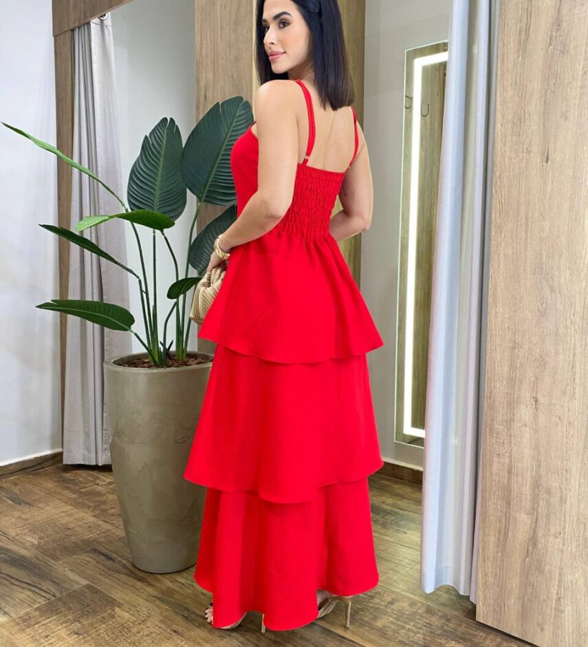 Vestido Feminino Longo Ísis com Bojo em Camadas Vermelho - Fernanda Ramos Store