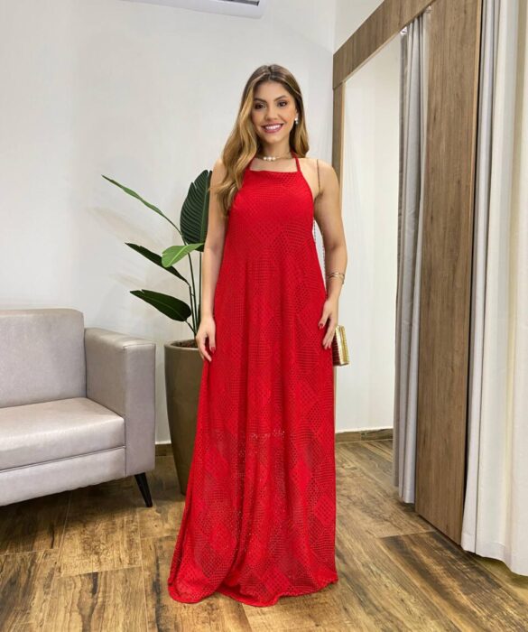 Vestido Feminino Longo Nina Frente Única com Bojo Vermelho - Fernanda Ramos Store