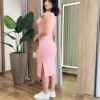 Vestido Feminino Midi Moletinho sem Bojo Rosé com Fenda - Fernanda Ramos Store