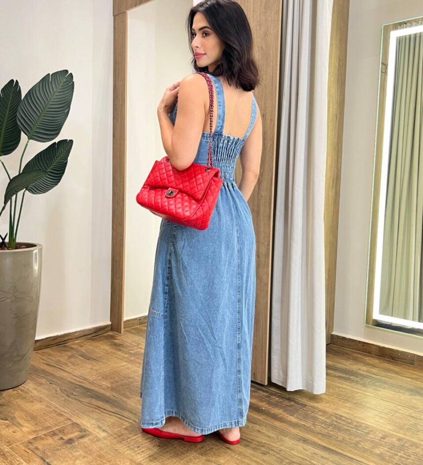 Vestido Longo Alana Jeans sem Bojo com Lastex e Botões 478 - Fernanda Ramos Store
