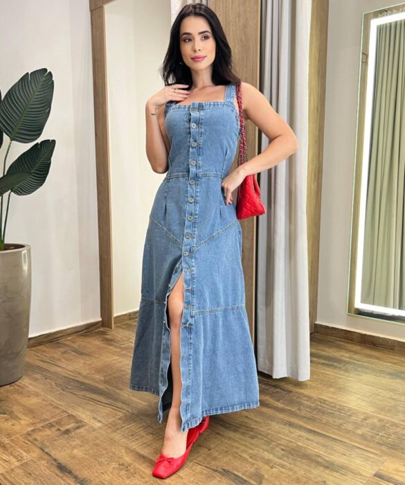 Vestido Longo Alana Jeans sem Bojo com Lastex e Botões 478 - Fernanda Ramos Store