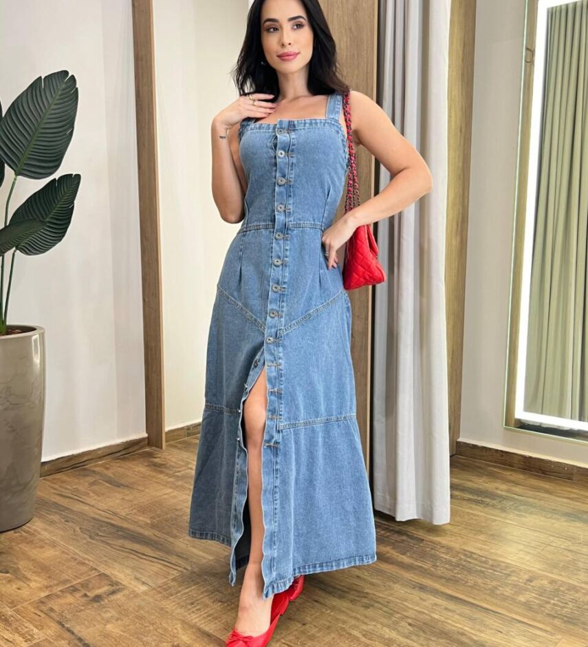 Vestido Longo Alana Jeans sem Bojo com Lastex e Botões 478 - Fernanda Ramos Store