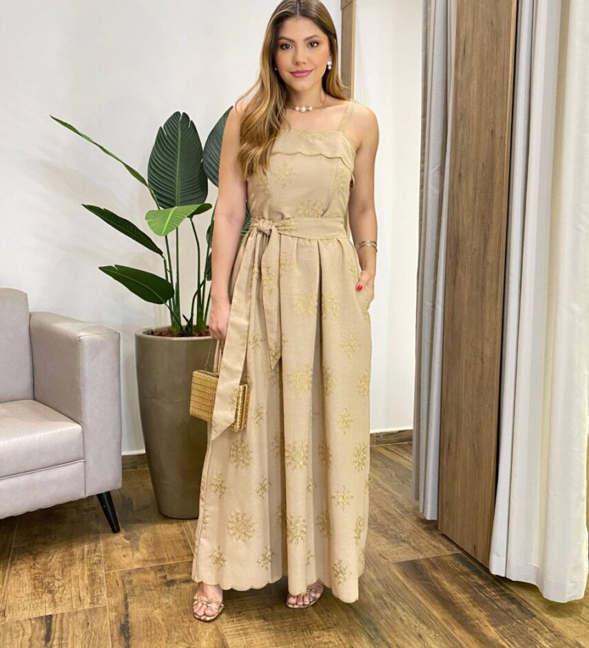 Vestido Longo Ana Viscolinho sem Bojo Bege Bordado com Amarração - Fernanda Ramos Store
