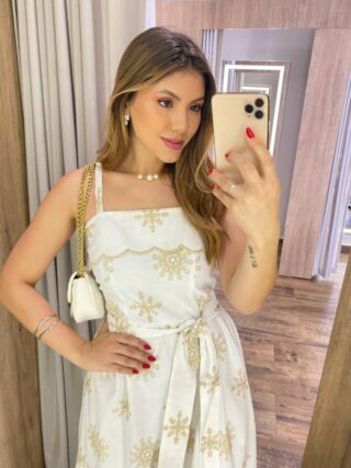 Vestido Longo Ana Viscolinho sem Bojo Off White Bordado com Amarração - Fernanda Ramos Store