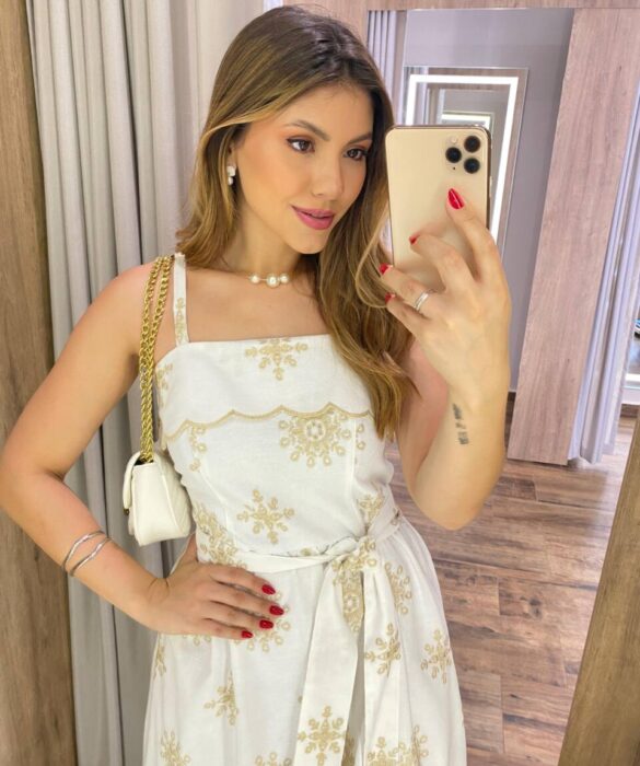 Vestido Longo Ana Viscolinho sem Bojo Off White Bordado com Amarração - Fernanda Ramos Store