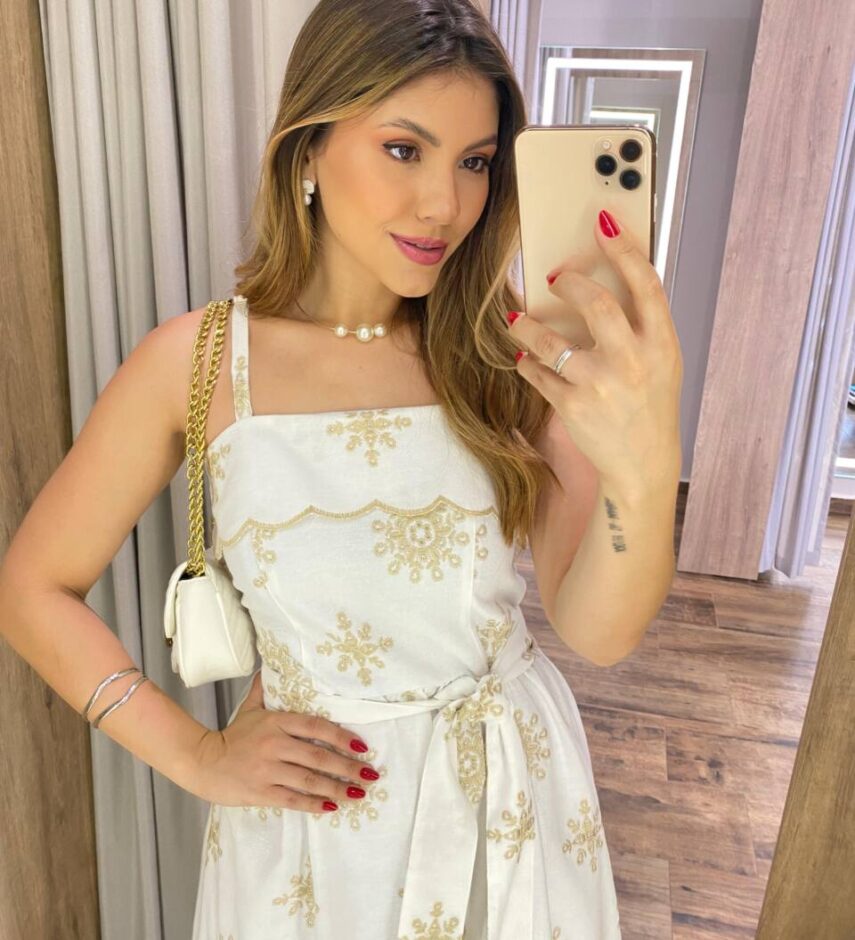 Vestido Longo Ana Viscolinho sem Bojo Off White Bordado com Amarração - Fernanda Ramos Store