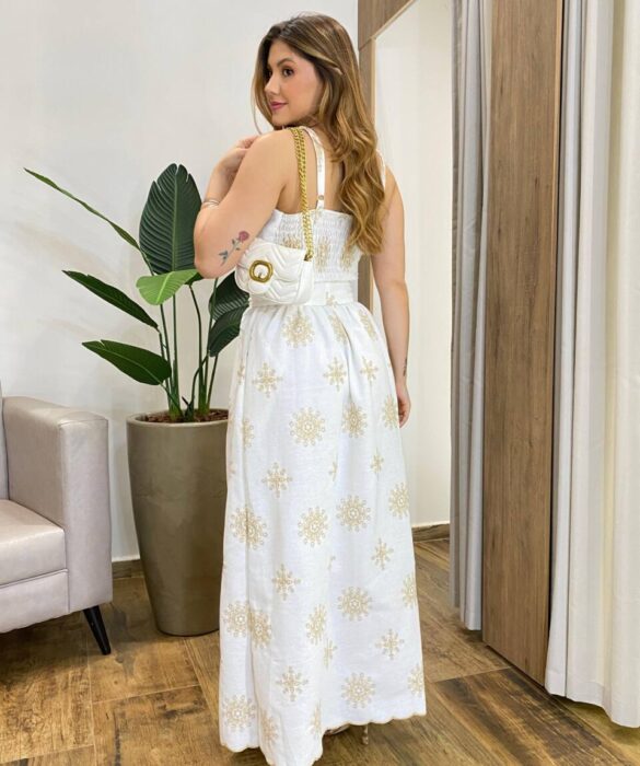 Vestido Longo Ana Viscolinho sem Bojo Off White Bordado com Amarração - Fernanda Ramos Store