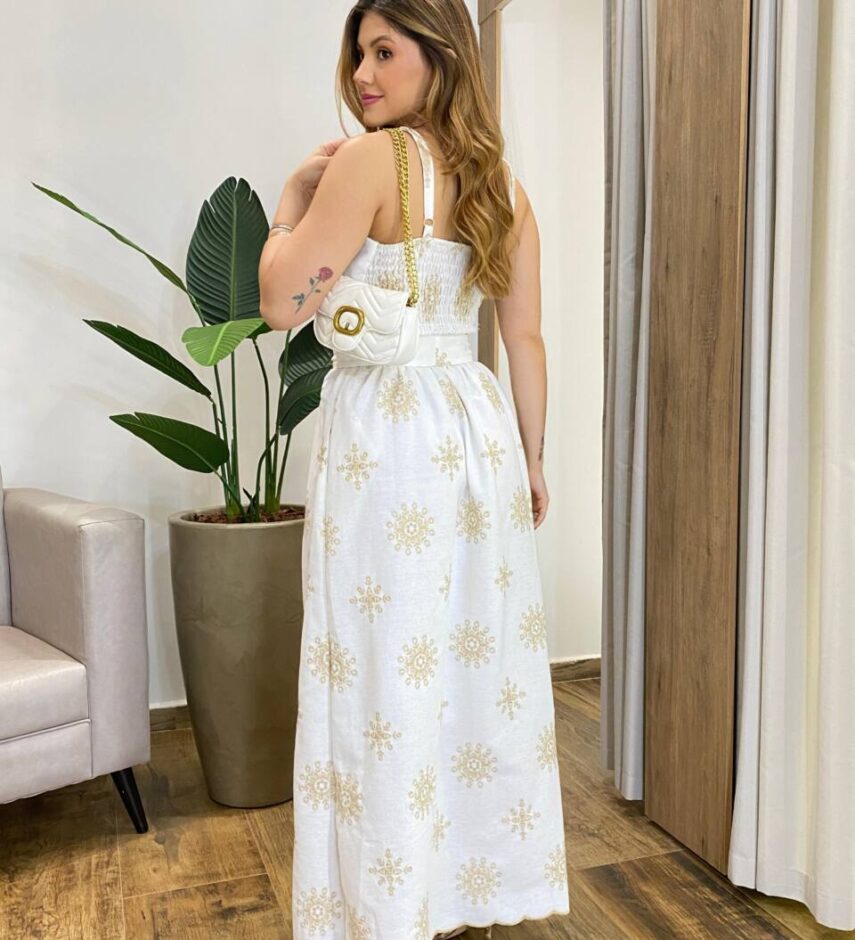 Vestido Longo Ana Viscolinho sem Bojo Off White Bordado com Amarração - Fernanda Ramos Store