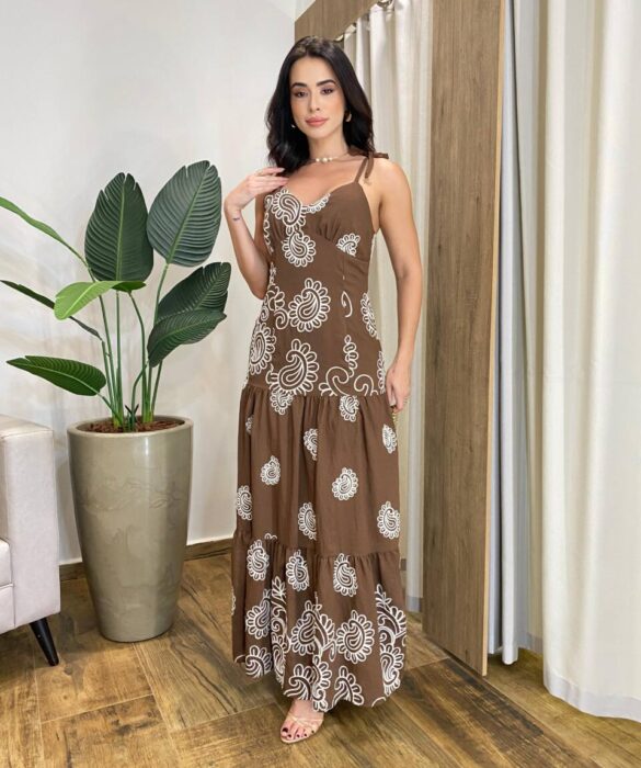 Vestido Longo Bia sem Bojo Marrom Bordado com Zíper na Lateral - Fernanda Ramos Store