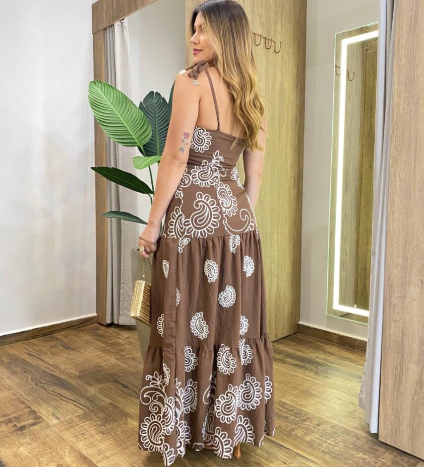 Vestido Longo Bia sem Bojo Marrom Bordado com Zíper na Lateral - Fernanda Ramos Store