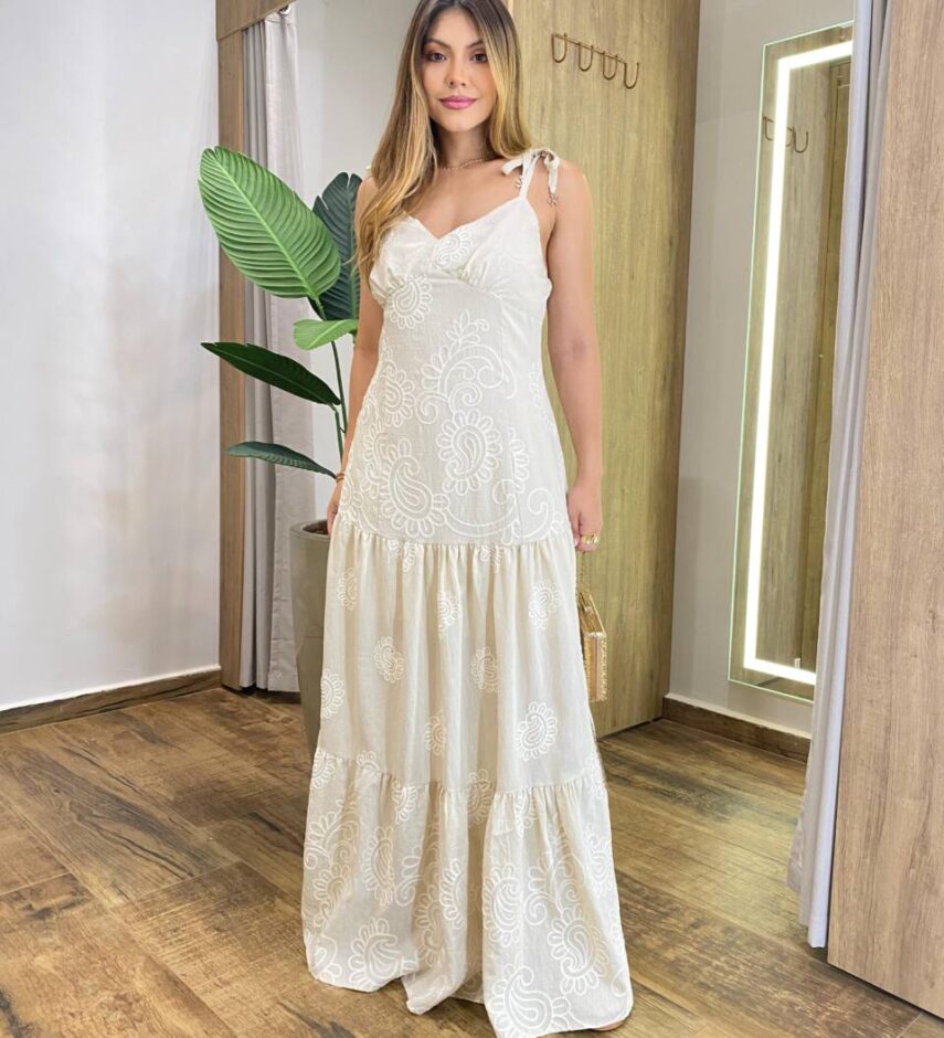 Vestido Longo Bia sem Bojo Nude Bordado com Zíper na Lateral - Fernanda Ramos Store