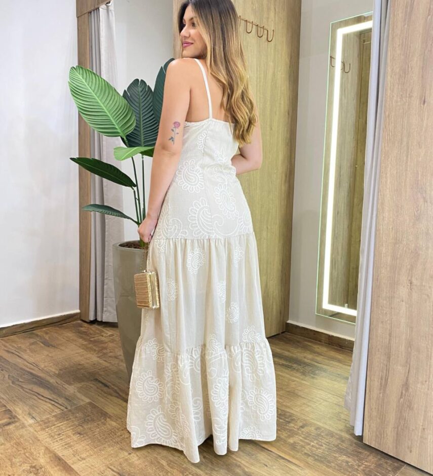 Vestido Longo Bia sem Bojo Nude Bordado com Zíper na Lateral - Fernanda Ramos Store