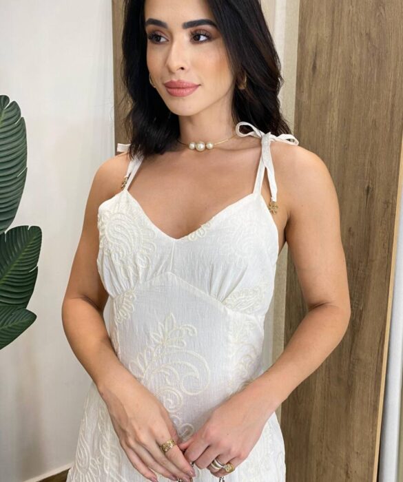 Vestido Longo Bia sem Bojo Off White Bordado com Zíper na Lateral - Fernanda Ramos Store