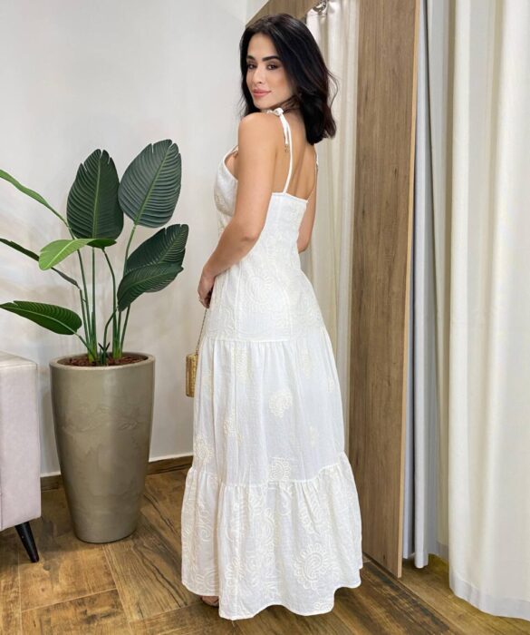 Vestido Longo Bia sem Bojo Off White Bordado com Zíper na Lateral - Fernanda Ramos Store