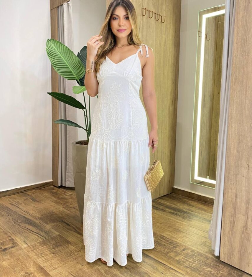 Vestido Longo Bia sem Bojo Off White Bordado com Zíper na Lateral - Fernanda Ramos Store