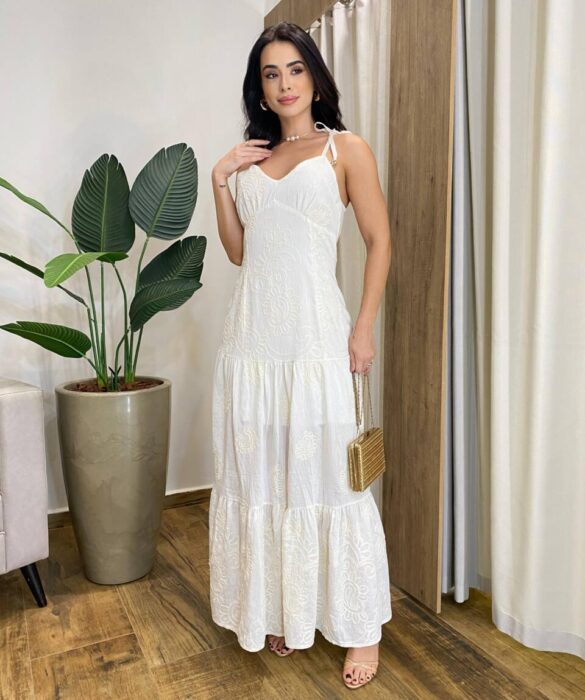 Vestido Longo Bia sem Bojo Off White Bordado com Zíper na Lateral - Fernanda Ramos Store