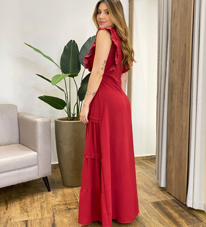 Vestido Longo Flor sem Bojo com Detalhes em Aviamentos Marsala - Fernanda Ramos Store