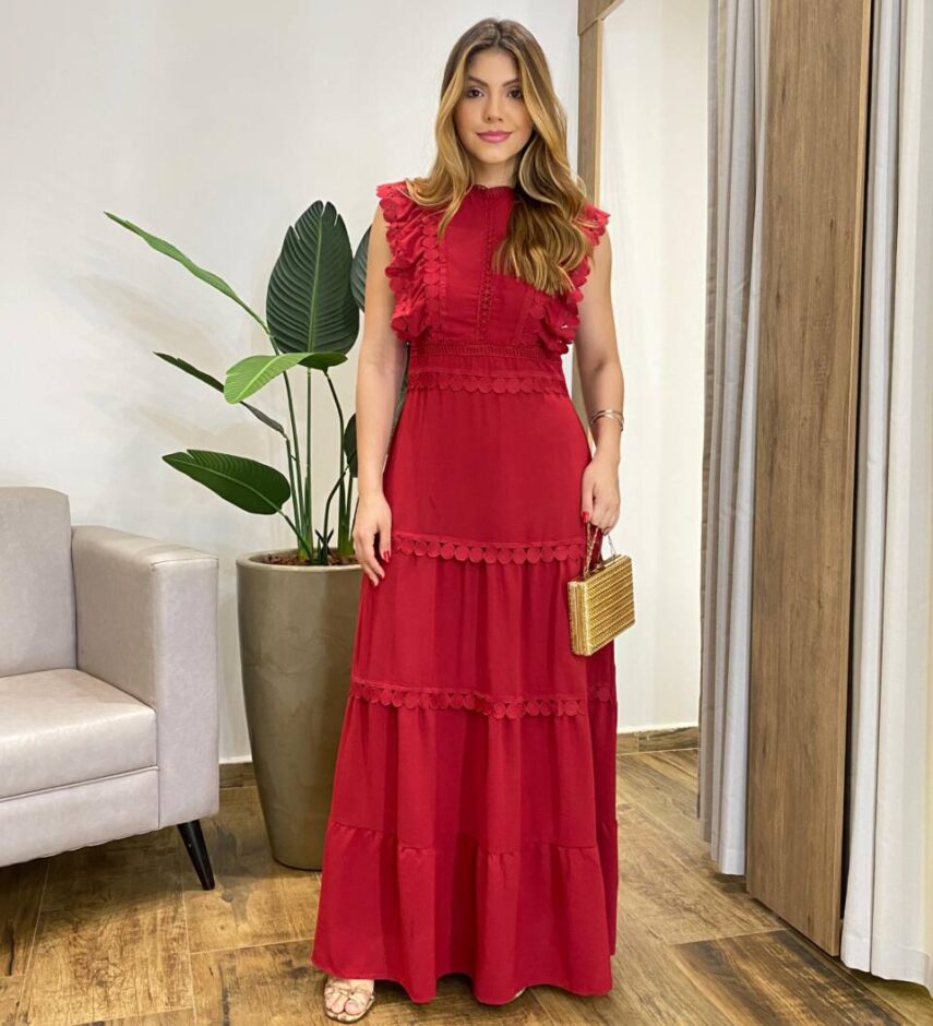 Vestido Longo Flor sem Bojo com Detalhes em Aviamentos Marsala - Fernanda Ramos Store