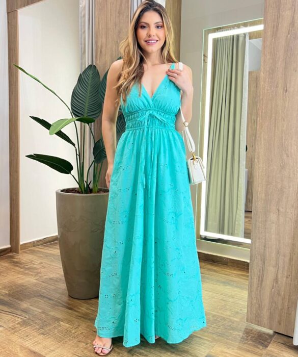 Vestido Longo Joana de Laise sem Bojo com Lastex Verde Água - Fernanda Ramos Store