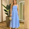 Vestido Longo Jully Bordado sem Bojo com Amarração nas Alças Azul - Fernanda Ramos Store