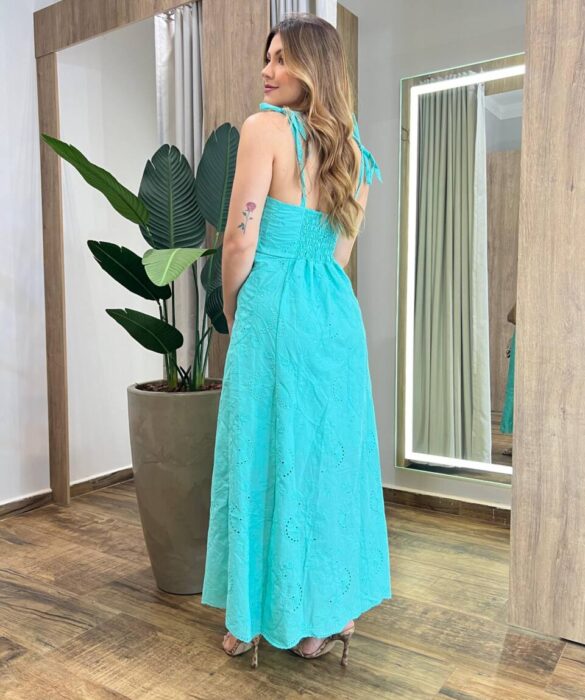 Vestido Longo Kelly de Laise com Amarração nas Alças Verde Água - Fernanda Ramos Store