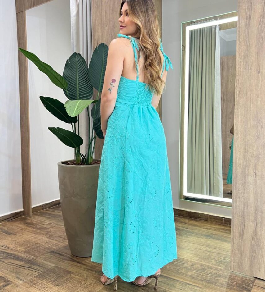 Vestido Longo Kelly de Laise com Amarração nas Alças Verde Água - Fernanda Ramos Store