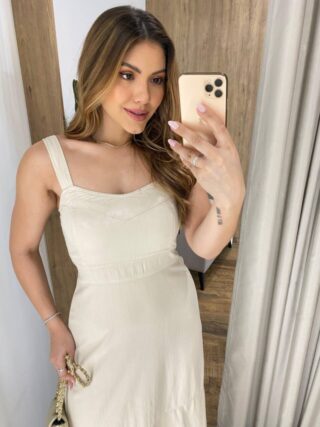 Vestido Longo Sarja sem Bojo com Alça Larga Regulável Creme 062505 - Fernanda Ramos Store