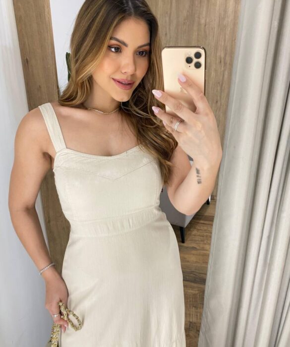 Vestido Longo Sarja sem Bojo com Alça Larga Regulável Creme 062505 - Fernanda Ramos Store