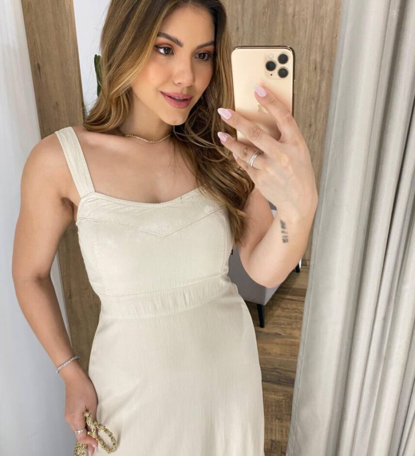 Vestido Longo Sarja sem Bojo com Alça Larga Regulável Creme 062505 - Fernanda Ramos Store