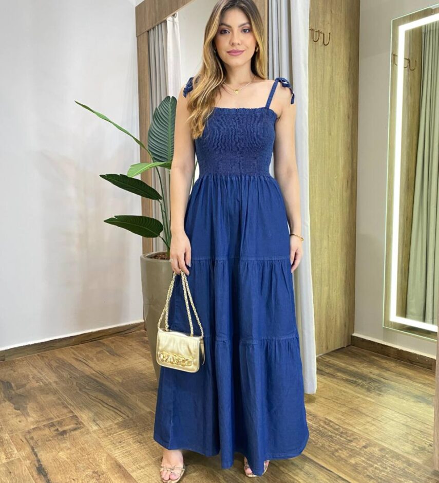 Vestido Longo sem Bojo Lia com Amarração nas Alças e Elastano Jeans - Fernanda Ramos Store