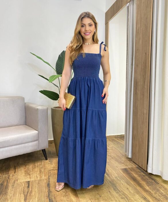 Vestido Longo sem Bojo Lia com Amarração nas Alças e Elastano Jeans - Fernanda Ramos Store