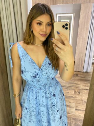 Vestido Longo sem Bojo Liza Azul Bordado com Amarração nas Alças - Fernanda Ramos Store