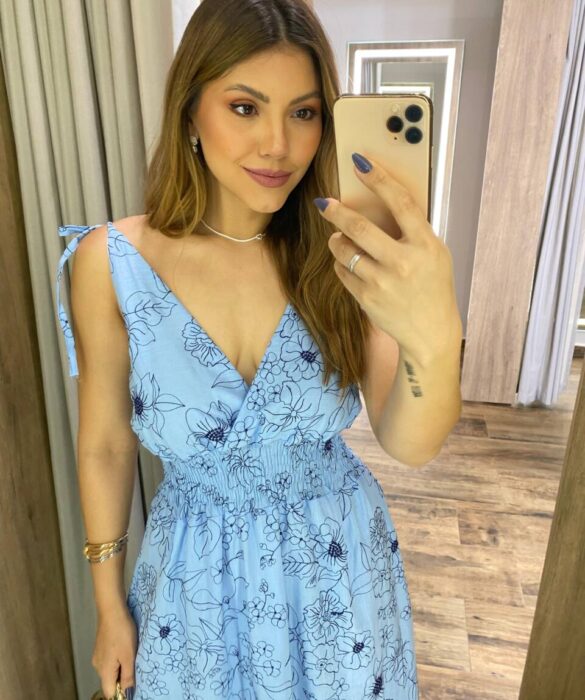 Vestido Longo sem Bojo Liza Azul Bordado com Amarração nas Alças - Fernanda Ramos Store