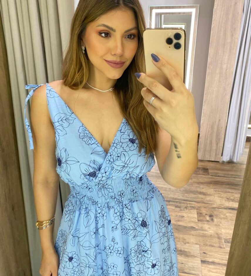 Vestido Longo sem Bojo Liza Azul Bordado com Amarração nas Alças - Fernanda Ramos Store