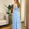 Vestido Longo sem Bojo Liza Azul Bordado com Amarração nas Alças - Fernanda Ramos Store