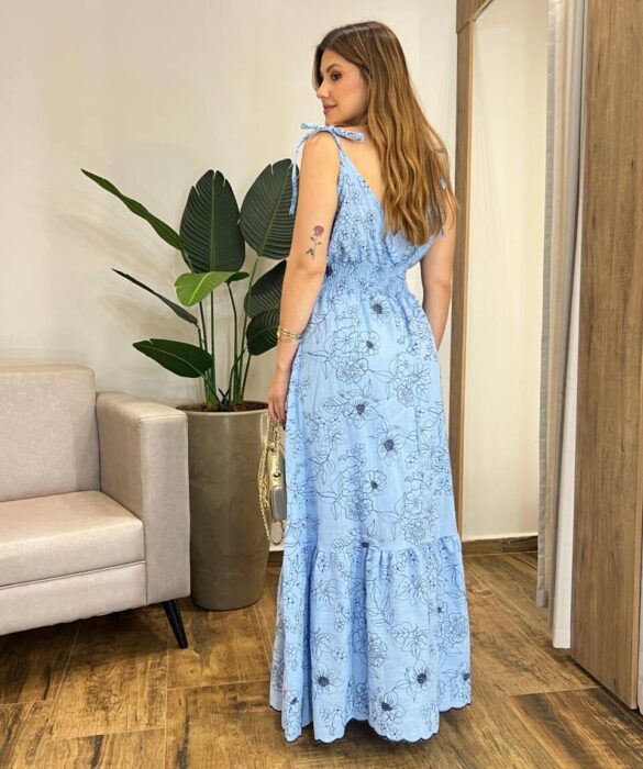 Vestido Longo sem Bojo Liza Azul Bordado com Amarração nas Alças - Fernanda Ramos Store