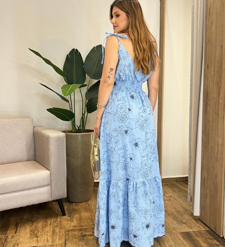 Vestido Longo sem Bojo Liza Azul Bordado com Amarração nas Alças - Fernanda Ramos Store