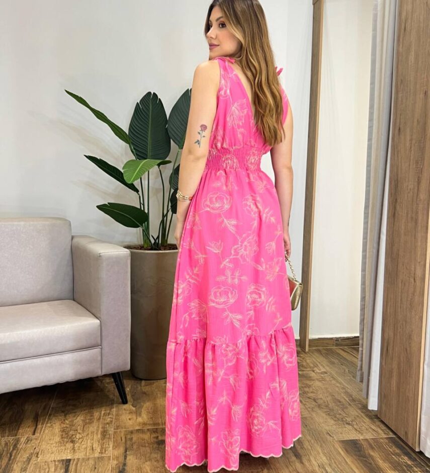 Vestido Longo sem Bojo Liza Rosa Bordado com Amarração nas Alças - Fernanda Ramos Store
