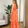 Vestido Longo sem Bojo Liza Terracota Bordado com Amarração nas Alças - Fernanda Ramos Store