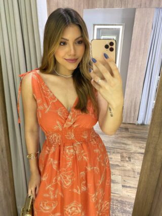 Vestido Longo sem Bojo Liza Terracota Bordado com Amarração nas Alças - Fernanda Ramos Store