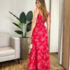 Vestido Longo sem Bojo Liza Vermelho Bordado com Amarração nas Alças - Fernanda Ramos Store