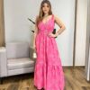 Vestido Longo sem Bojo Liza Rosa Bordado com Amarração nas Alças - Fernanda Ramos Store