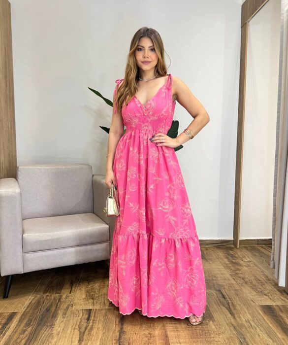 Vestido Longo sem Bojo Liza Rosa Bordado com Amarração nas Alças - Fernanda Ramos Store