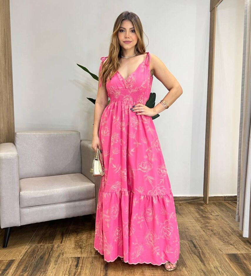 Vestido Longo sem Bojo Liza Rosa Bordado com Amarração nas Alças - Fernanda Ramos Store