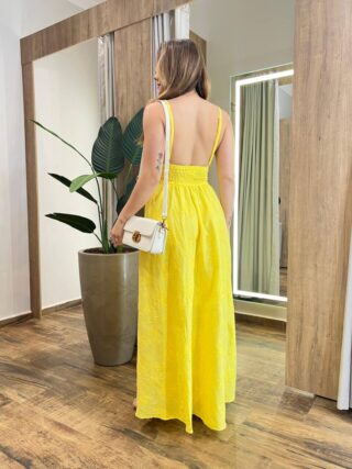 Vestido Longo Viscolinho Elis sem Bojo com Bordado Floral Amarelo - Fernanda Ramos Store