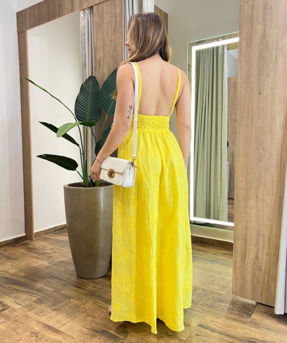 Vestido Longo Viscolinho Elis sem Bojo com Bordado Floral Amarelo - Fernanda Ramos Store