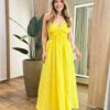 Vestido Longo Viscolinho Elis sem Bojo com Bordado Floral Amarelo - Fernanda Ramos Store